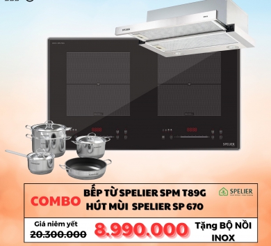 COMBO TỐT BẾP TỪ SPELIER T89G + HÚT MÙI SP670 + BỘ NỒI INOX